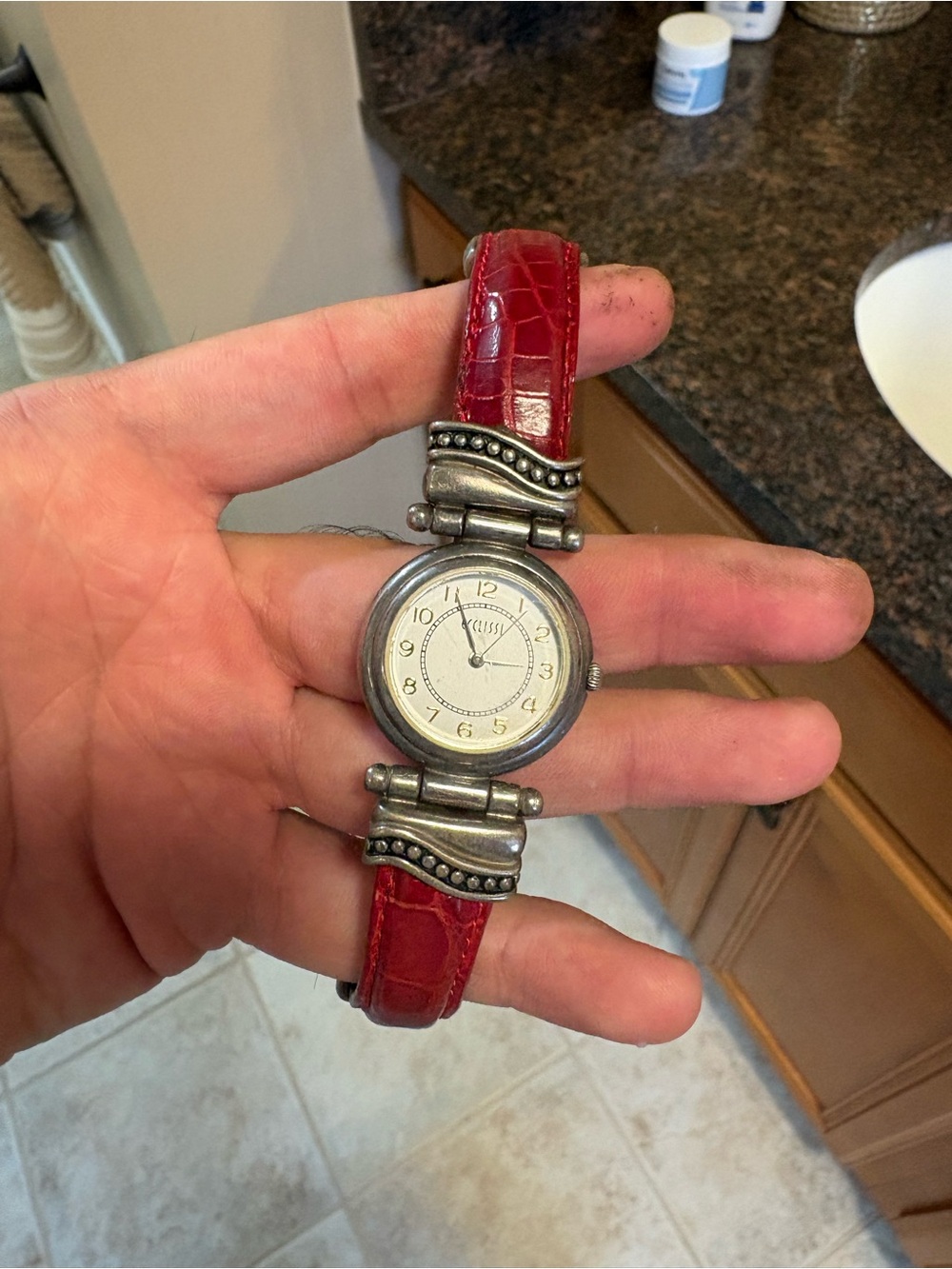 vintage Ecclissi women's watch 925 sterling silver case/red leather strap